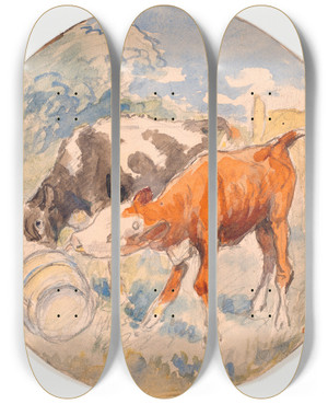 Triptych art skateboard deck of Theodor Philipsen To Kalve I Det Fri Slikkende En Vltet Mlkebtte Udkast Til Keramisk Fad by Theodor Philipsen (1840-1920)