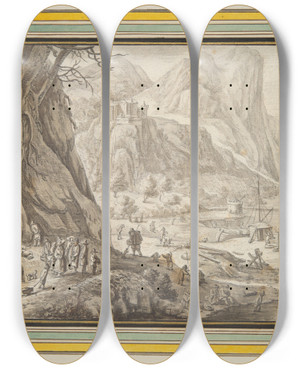Triptych art skateboard deck of Herman Saftleven Valley Bordered By Highmountains by Herman Saftleven (1609-1685)