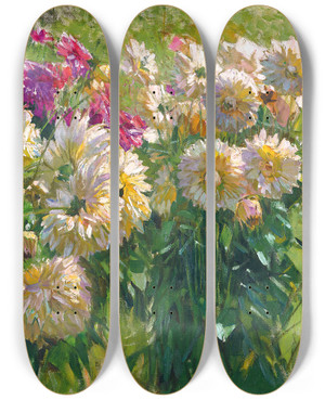 Triptych art skateboard deck of Carl Moll Dahlias by Carl Moll (1861-1945)