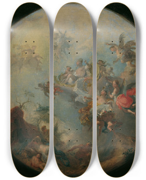 Triptych art skateboard deck of Franz Anton Maulbertsch Triumph Der Aurora by Franz Anton Maulbertsch (1724-1796)