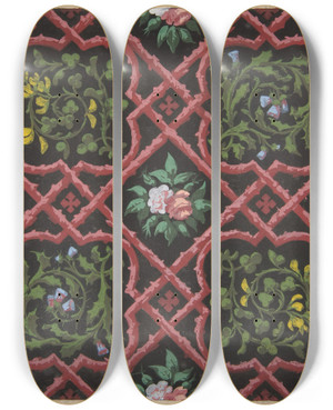 Triptych art skateboard deck of Julesedmondcharles Lachaise Design For Wallpaper Featuring Flowers And Latticework by Jules-Edmond-Charles Lachaise (1897)