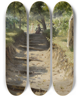 Triptych art skateboard deck of Nikolay Sergeyev Alley In The Garden by Nikolay Sergeyev (1855-1919)