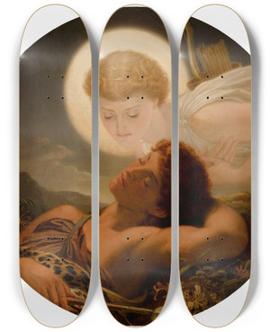Triptych art skateboard deck of Sir Joseph Noel Paton A Dream Of Latmos by Sir Joseph Noel Paton (1821-1901)