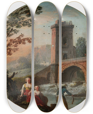 Triptych art skateboard deck of Charlesfranois Grenier De Lacroix A Fisherman And Family Beneath A Bridge by Charles Francois Grenier De Lacroix (1700-1782)