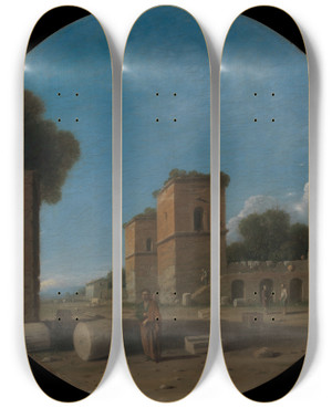 Triptych art skateboard deck of Goffredo Wals A Roman Landscape With Figures by Goffredo Wals (1595-1638)