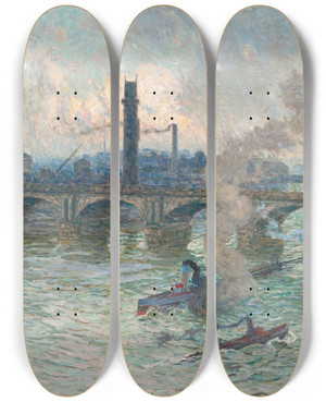 Triptych art skateboard deck of Emile Claus Brume Vapeur Et Fume Sur La Tamise by Emile Claus (1849-1924)