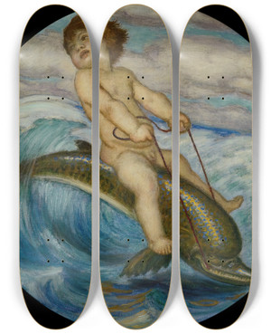 Triptych art skateboard deck of Franz Von Stuck Erote Riding A Dolphin by Franz Von Stuck (1863-1928)