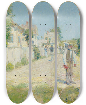 Triptych art skateboard deck of Childe Hassam Street In Gloucester by Childe Hassam (1859-1935)