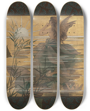 Triptych art skateboard deck of Alexandre De Riquer Composition With Winged Nymph At Sunrise by Alexandre de Riquer (1856-1920)