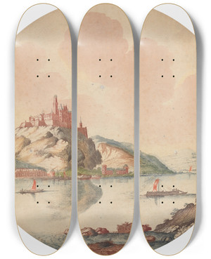 Triptych art skateboard deck of Johann Teyler Gezicht Op Kasteel Rheinfels Aan De Rijn by Johann Teyler (1648-1709)