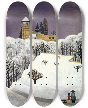 Triptych art skateboard deck of Fritz Baumann Birseck Castle In The Snow by Fritz Baumann (1886-1942)