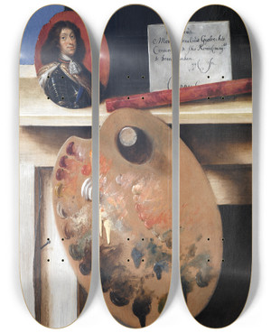 Triptych art skateboard deck of Cornelius Norbertus Gijsbrechts Cutout Trompe Loeil Easel With Fruit Piece by Cornelius Norbertus Gijsbrechts (1630-1675)
