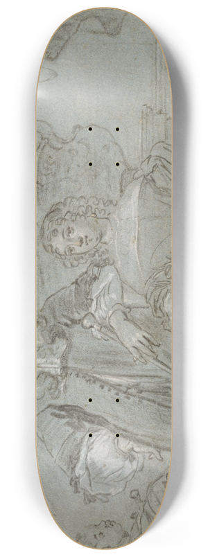 Abraham Lambertsz. van den Tempel - Gruppe af en siddende dame og en stende herre, knfigurer I baggrunden en sort afrikaner og en hund, th en ballustrade 8.25 inch art skate deck