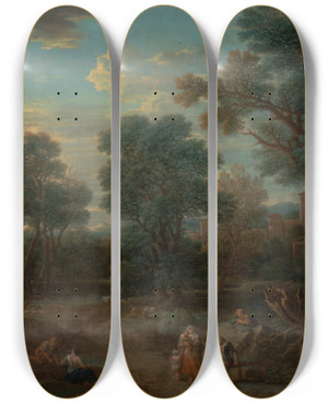 Triptych art skateboard deck of John Wootton Classical Landscape Morning by John Wootton (1686-1765)