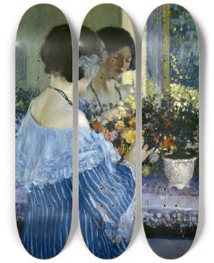 Triptych art skateboard deck of Frederick Carl Frieseke Girl In Blue Arranging Flowers by Frederick Carl Frieseke (1874-1939)