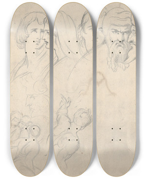 Triptych art skateboard deck of Theodor Von Holst A Group Of Five Heads And Further Studies by Theodor Von Holst (1810-1844)