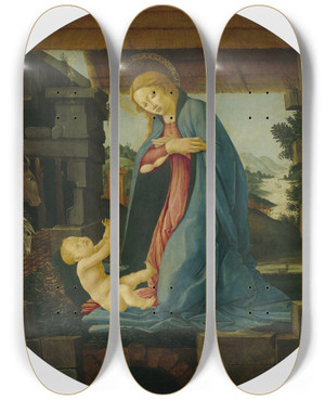 Triptych art skateboard deck of Sandro Botticelli The Virgin Adoring The Child by Sandro Botticelli (1444-1510)