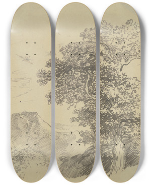 Triptych art skateboard deck of Carl Friedrich Von Rumohr Gebirgslandschaft Rechts Vorne Ein Groer Baum by Carl Friedrich Von Rumohr