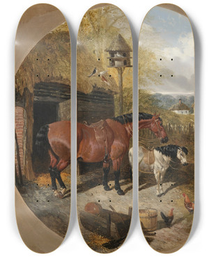 Triptych art skateboard deck of John Frederick Herring Jr Farmyard Scene_1 by John Frederick Herring Jr (1820-1907)