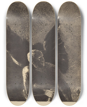 Triptych art skateboard deck of Odilon Redon Gloire Et Louange A Toi Satan Dans Les Hauteurs Du Ciel Ou Tu Regnas Et Dans Les Profondeurs De Lenfer Ou Vaincu Tu Reves En Silence by Odilon Redon (1840-1916)