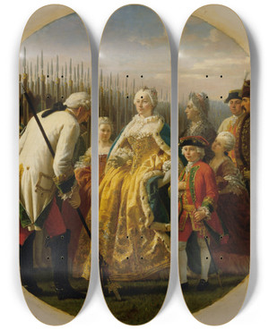 Triptych art skateboard deck of Karl Von Blaas Die Musterung Bei Solenau Im Jahr 1749 by Karl Von Blaas (1815-1894)