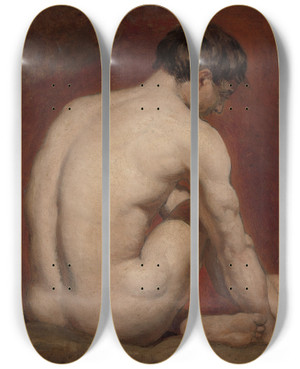 Triptych art skateboard deck of William Etty Male Nude Kneeling From The Back by William Etty (1787-1849)