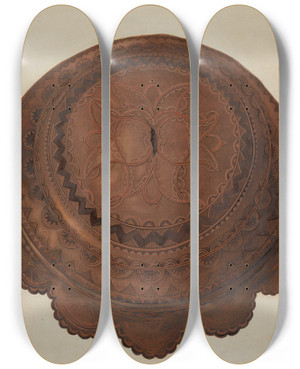 Triptych art skateboard deck of Gerald Transpota Tooled Leather Cover For Baptismal Font by Gerald Transpota (1898-1971)
