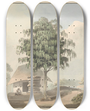 Triptych art skateboard deck of Samuel Davis Holy Man Seated Near Plinth Under A Tree by Samuel Davis (1757-1819)