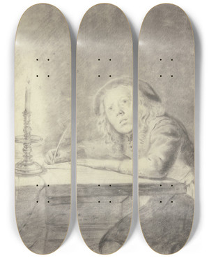 Triptych art skateboard deck of Pieter Cornelisz Van Slingeland Knabe Bei Licht Schreibend by Pieter Cornelisz Van Slingeland