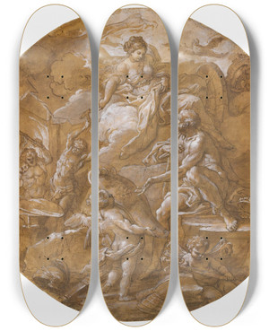 Triptych art skateboard deck of Sebastiano Conca Venusat The Forge Of Vulcan by Sebastiano Conca (1676-1764)