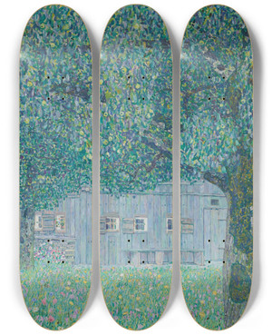 Triptych art skateboard deck of Gustav Klimt Bauernhaus In Buchberg Obersterreichisches Bauernhaus by Gustav Klimt (1862-1918)