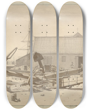 Triptych art skateboard deck of Christoffer Wilhelm Eckersberg Skibsankre P Larsens Plads by Christoffer Wilhelm Eckersberg (1783-1853)