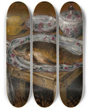 Triptych art skateboard deck of Gustave Loiseau La Carpe by Gustave Loiseau (1865-1935)