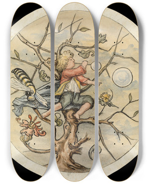 Triptych art skateboard deck of Franz Von Stuck Seifenblasender Knabe by Franz Von Stuck (1863-1928)