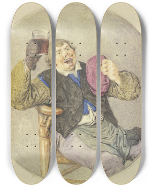 Triptych art skateboard deck of Cornelis Dusart Wine Drinker by Cornelis Dusart (1660-1704)