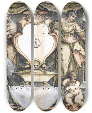 Triptych art skateboard deck of Lazzaro Baldi Presentation Drawing For An Epitaph by Lazzaro Baldi (1622-1703)