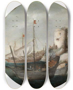 Triptych art skateboard deck of Goffredo Wals Anlandende Schiffe In Einem Sdlichen Hafen by Goffredo Wals (1595-1638)