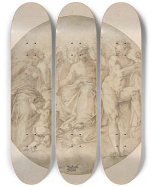 Triptych art skateboard deck of Battista Franco Three Allegorical Figures In A Roundel by Battista Franco (1510-1561) Triptych art skateboard deck of Battista Franco Three Allegorical Figures In A Roundel by Battista Franco (1510-1561)