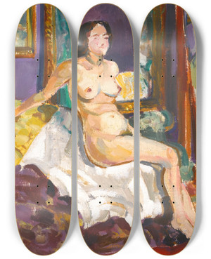 Triptych art skateboard deck of Sergei Ivanovich Lobanov Seated Nude By A Mirror by Sergei Ivanovich Lobanov (1887-1943)