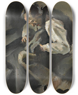 Triptych art skateboard deck of Rudolf Kremlika A Cobbler by Rudolf Kremlicka (1886-1932)