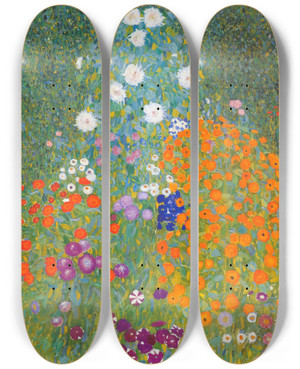 Triptych art skateboard deck of Gustav Klimt Cottage Garden by Gustav Klimt (1862-1918)