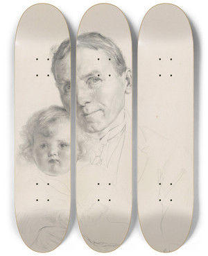 Triptych art skateboard deck of Harry Linley Richardson Father And Daughter by Harry Linley Richardson (1878-1947)