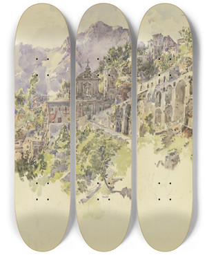 Triptych art skateboard deck of Johann Nepomuk Rauch Kloster Im Gebirge Mit Groen Terrassen Und Treppen by Johann Nepomuk Rauch (1804-1847)