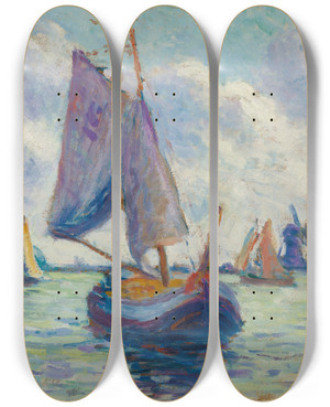Triptych art skateboard deck of Maximilien Luce Bateaux Hollandais by Maximilien Luce (1858-1941)