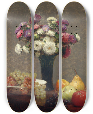 Triptych art skateboard deck of Henri Fantinlatour Asters And Fruit On A Table by Henri Fantin-Latour (1836-1904)