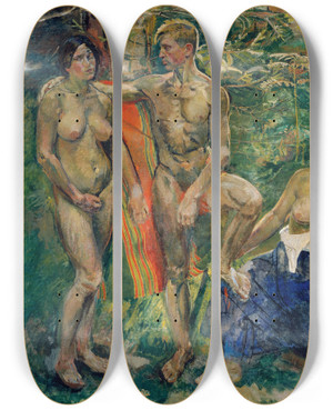 Triptych art skateboard deck of Franz Wiegele Akte Im Wald by Franz Wiegele (1887-1944)