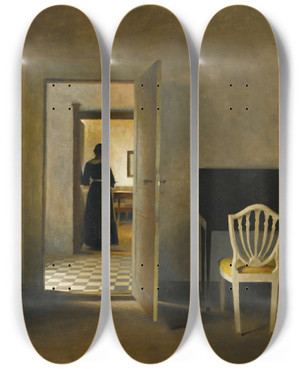 Triptych art skateboard deck of Peter Ilsted Interior With White Chair by Peter Ilsted (1861-1933)