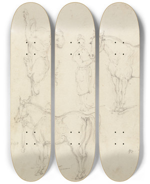 Triptych art skateboard deck of George Chinnery Studies Of Horses With Chinese Grooms And A Dog by George Chinnery (1774-1852)