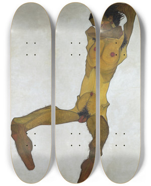 Triptych art skateboard deck of Egon Schiele Seated Male Nude Selfportrait by Egon Schiele (1890-1918)