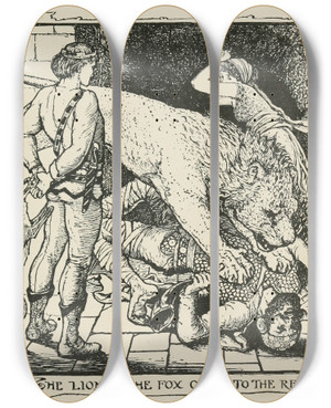 Triptych art skateboard deck of Henry Justice Ford The Lion And The Fox Come To The Rescue by Henry Justice Ford (1860-1941)